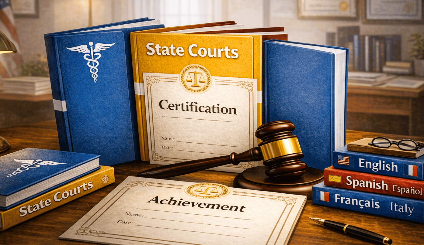 A professional interpreter workspace displays his accreditations, certificates, and course study materials