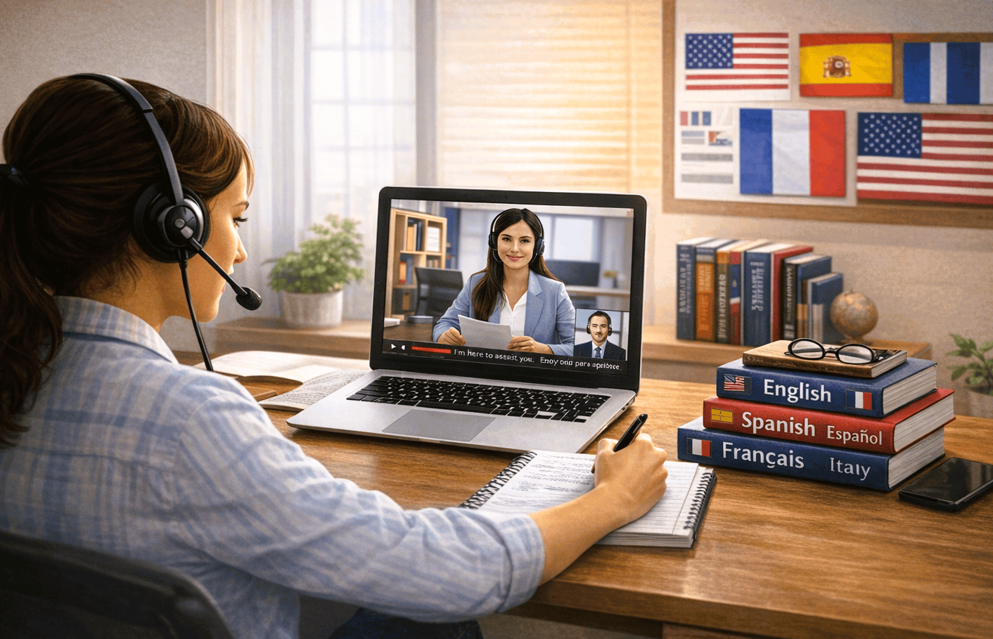 Interpreter taking an online translation and interpreting course with multilingual training materials.