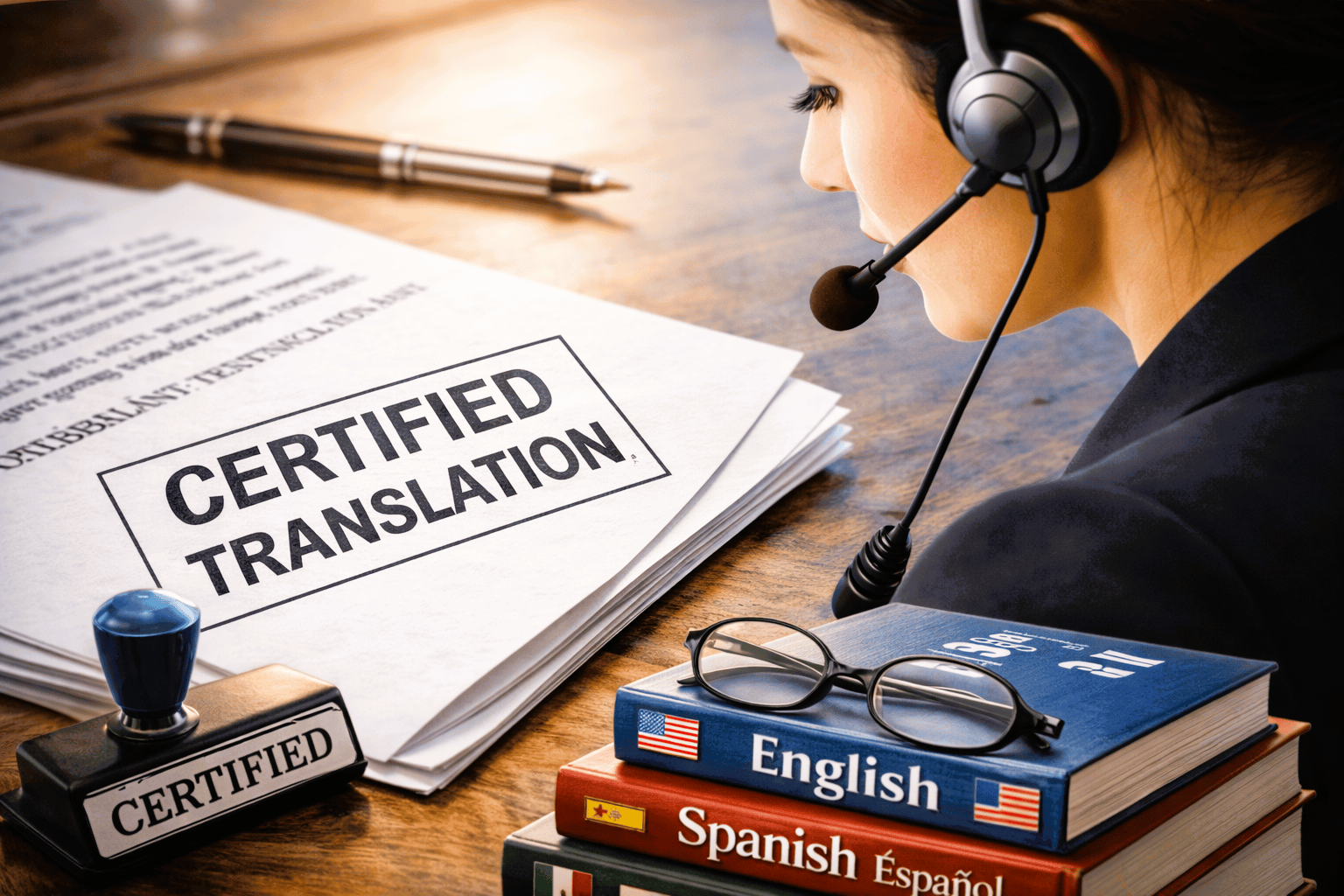 Professional interpreter and translator preparing certified document translations, while wearing a headset.
